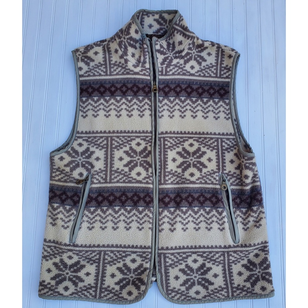 VINTAGE Woolrich Fleece Vest Mens L Large Brown White Snowflakes Made In The USA